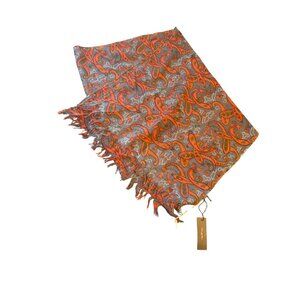 Fiorio Milano Paisley Wool Scarf Gray & Orange 100% Wool Lightweight Fringe Edge